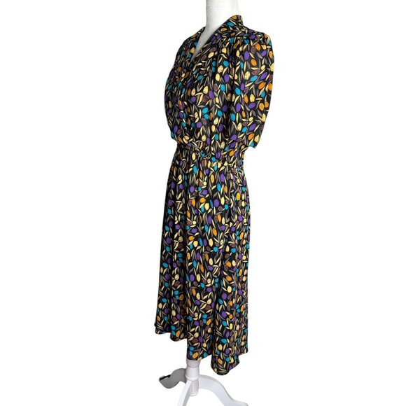 Vintage 80s Stuart Alan Midi Dress Size Medium Black Floral Pockets Short Sleeve - Picture 3 of 6
